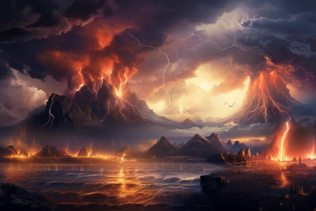 worldbuilding fantasy landscape exploding volcano storm