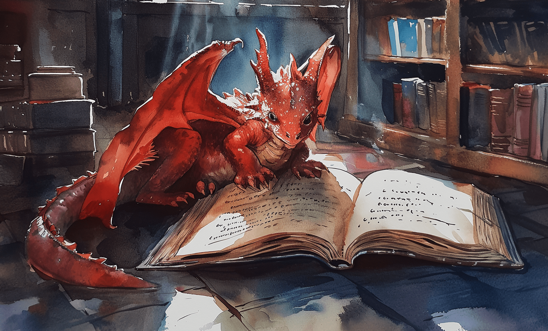 baby red dragon reading a book